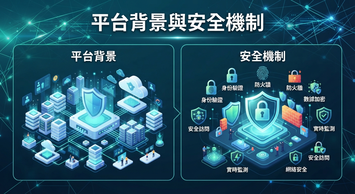 圖片上方清晰標註了「平台背景與安全機制」的主標題。 畫面分為左右兩部分，分別以科技風格的伺服器網絡與防護盾牌圖標視覺化呈現平台背景與安全機制。